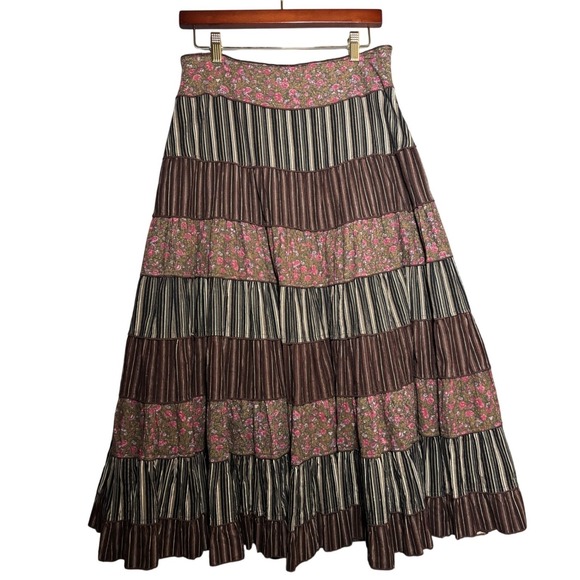 Lapis Dresses & Skirts - Lapis Womens M Corduroy Tiered Maxi Skirt Floral Striped Boho A-Line Cottagecore
